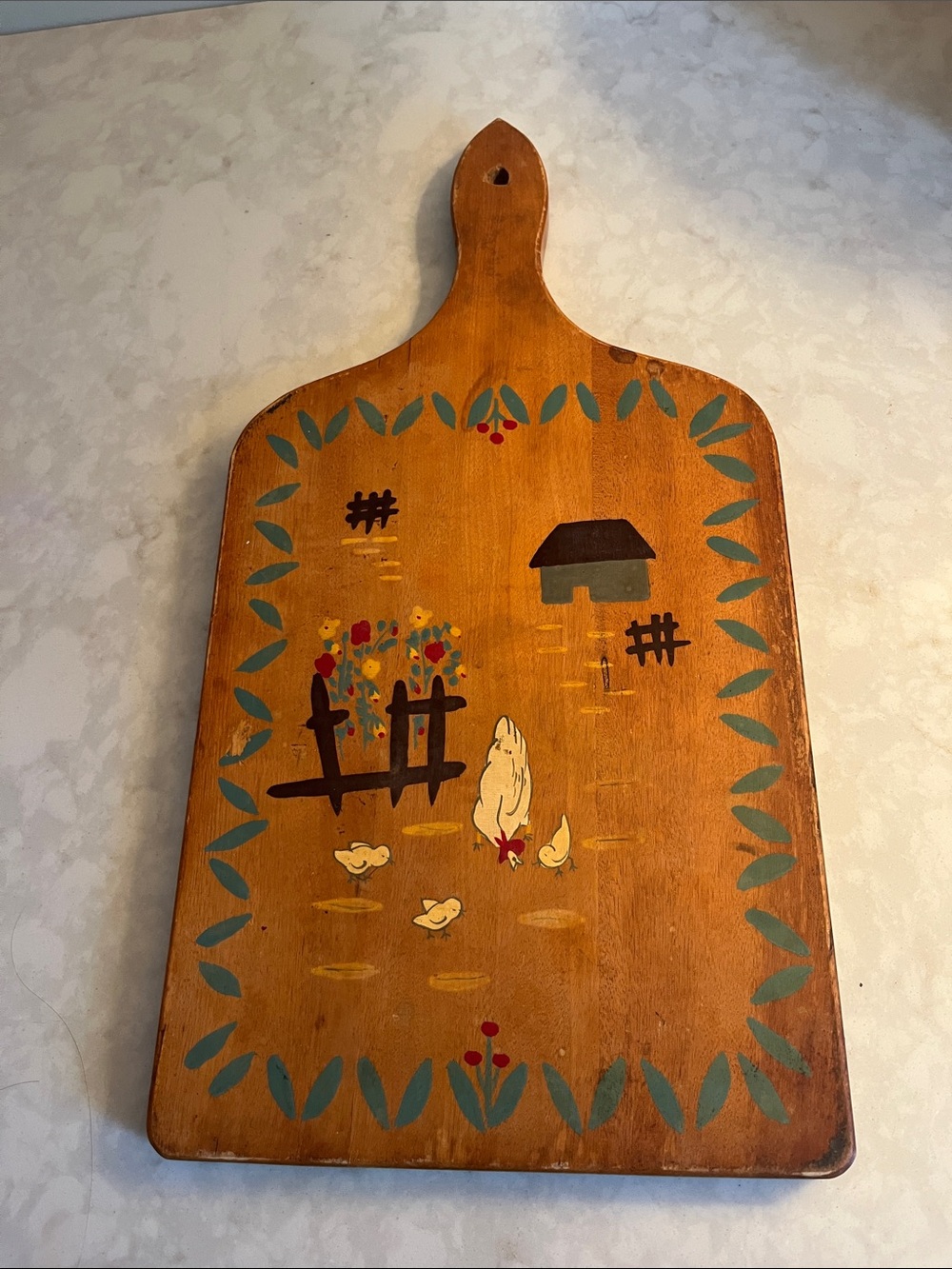 Vintage MCM wooden Cutting Board Decor. hand painted farm scene design.